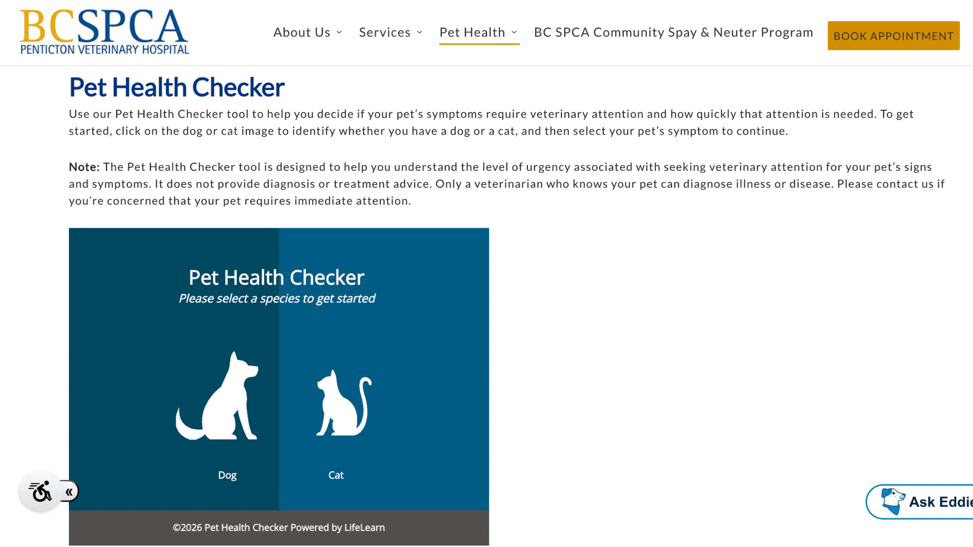 pet health checker page with dog and cat selection icons to start checking pet symptoms and veterinary care guidance