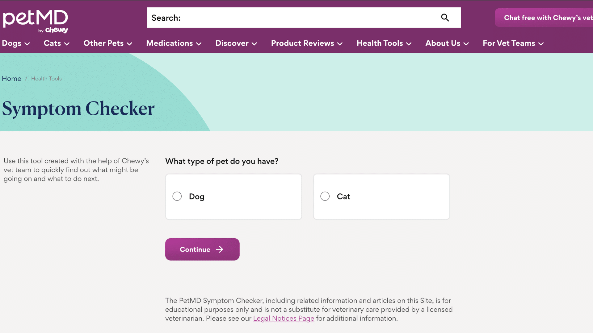 petmd symptom checker page with options to choose dog or cat and a continue button below for starting a pet health check