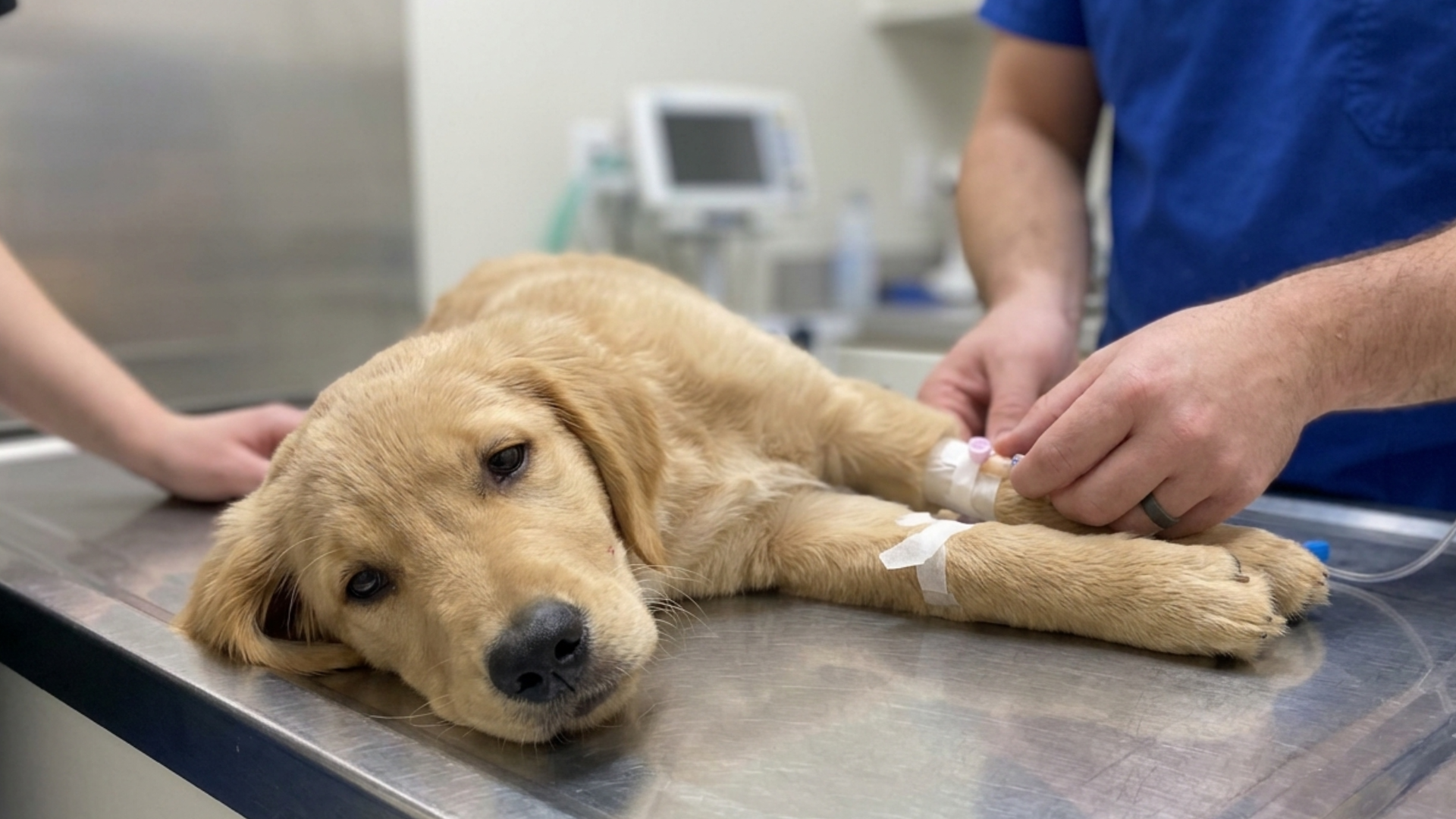 puppy lying on a veterinary exam table while a veterinarian places an iv catheter in its front leg