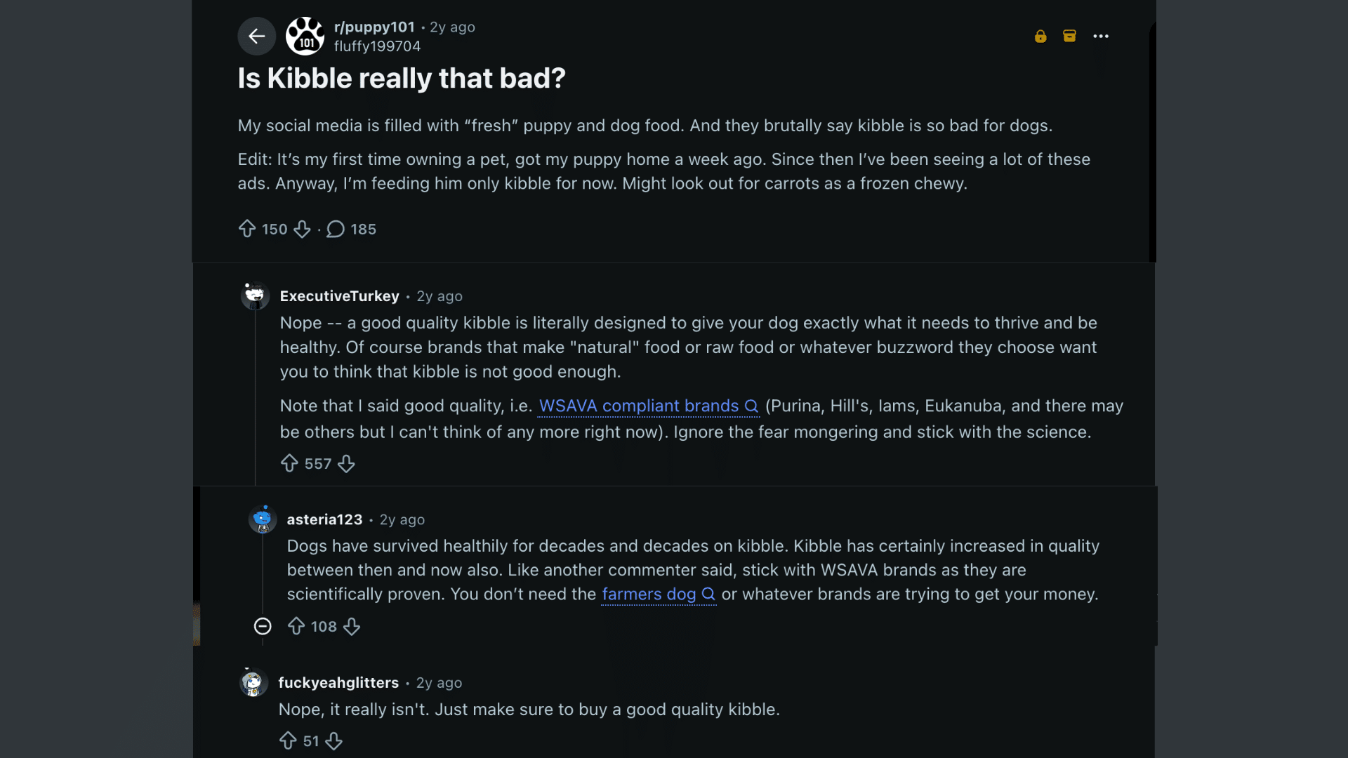 reddit discussion showing dog owners sharing opinions that quality kibble is safe while comparing it with fresh and raw diets