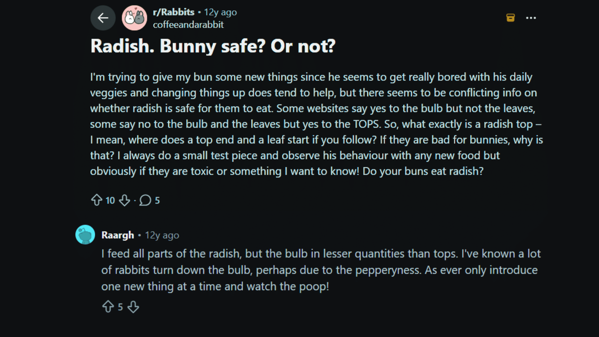 reddit post asking if radish is safe for rabbits with a reply saying bulb should be fed in smaller amounts than tops