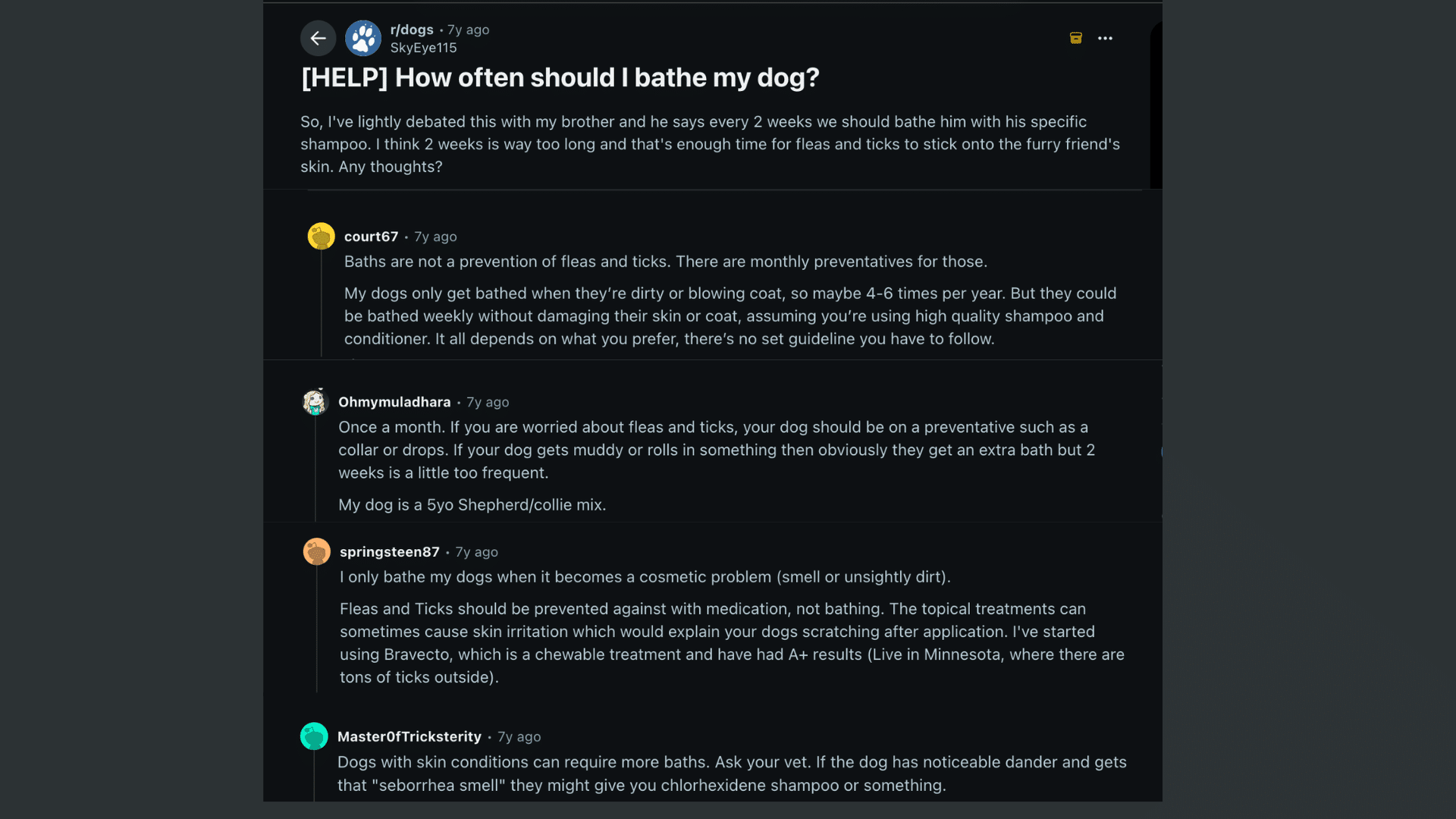 reddit users discussing how often dogs should be bathed based on breed coat type and lifestyle needs