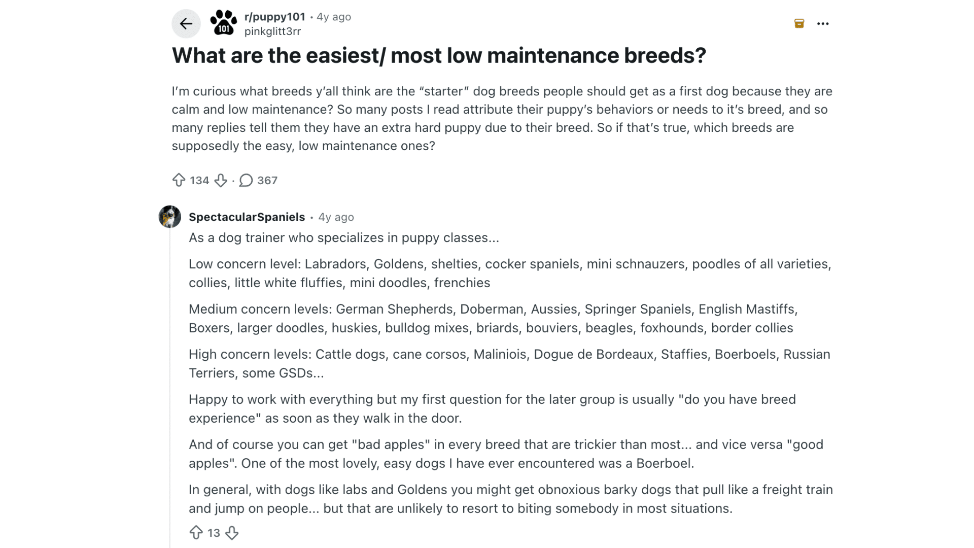 screenshot of a reddit post asking about easy low maintenance dog breeds with a detailed reply listing breeds by concern level