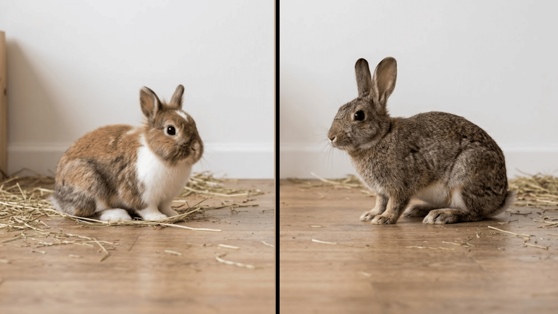 side by side view of a young rabbit and an adult rabbit sitting on a wooden floor with scattered hay indoors