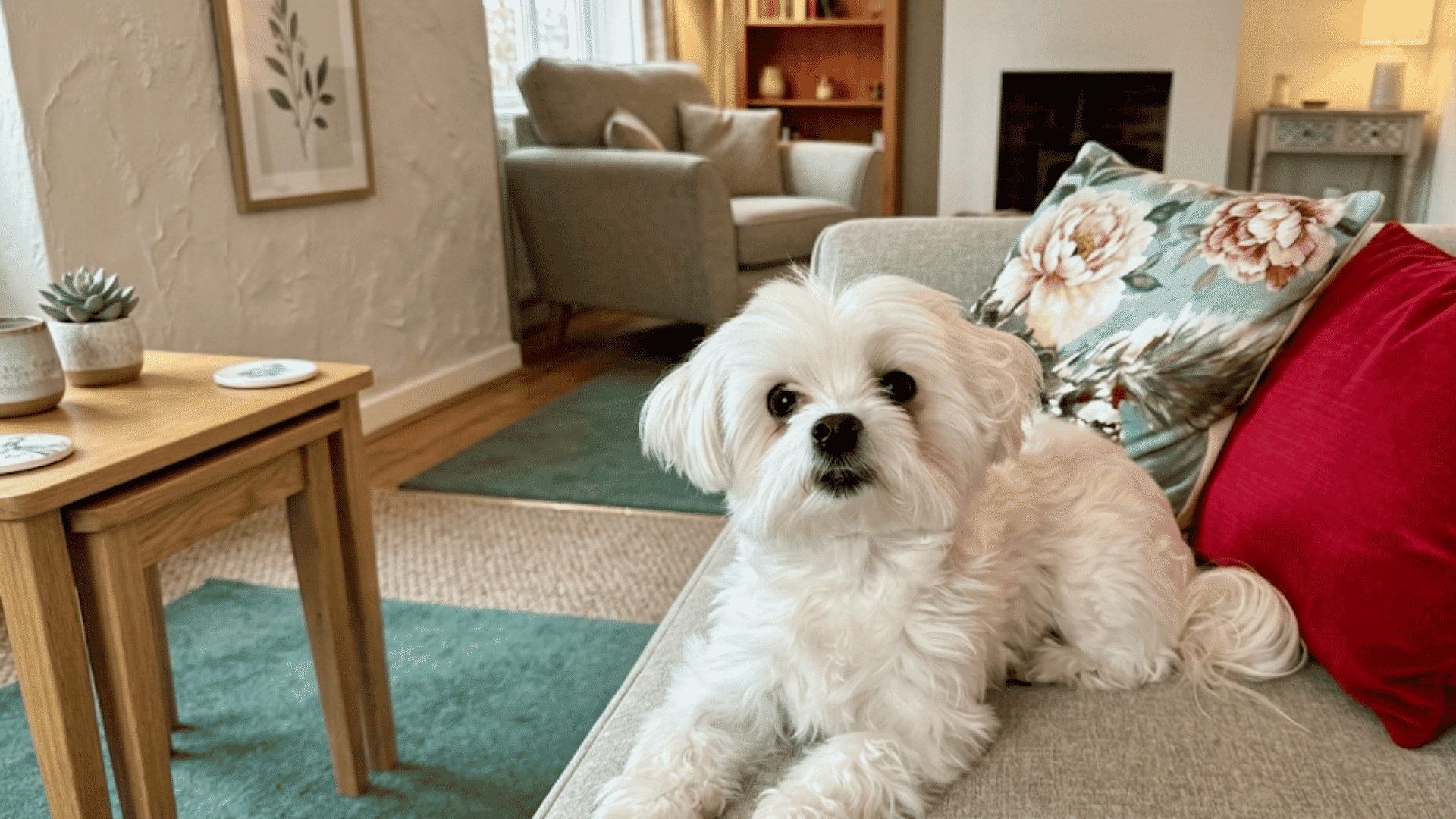small white fluffy dog lying on a gray sofa with colorful cushions in a bright cozy living room looking at the camera