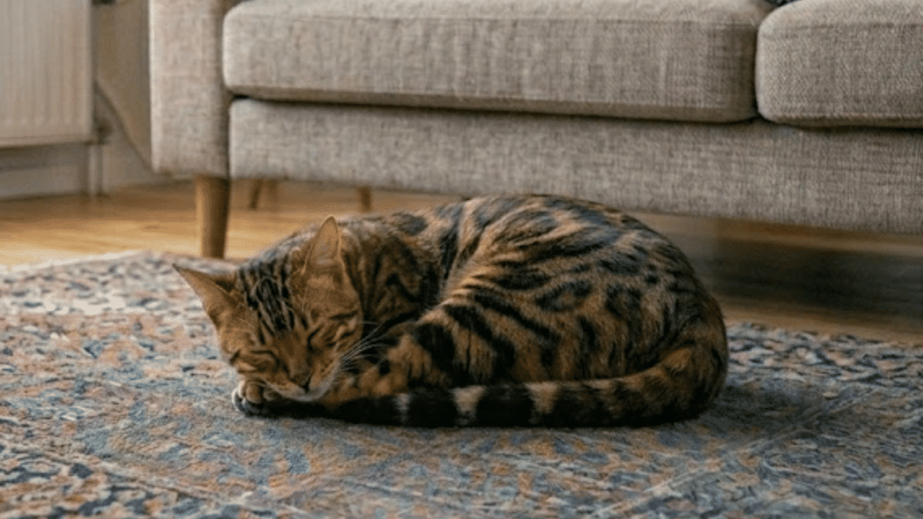 striped cat curled up sleeping on a patterned rug beneath a gray sofa in a cozy living room setting with warm light
