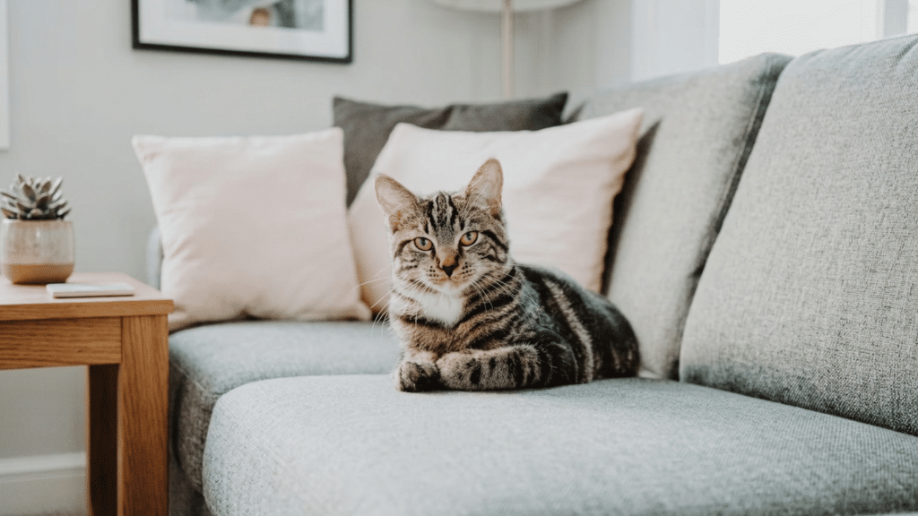 tabby cat resting on a gray sofa with soft pillows in a bright living room