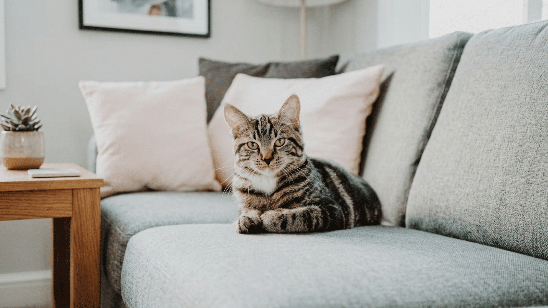 tabby cat resting on a gray sofa with soft pillows in a bright living room