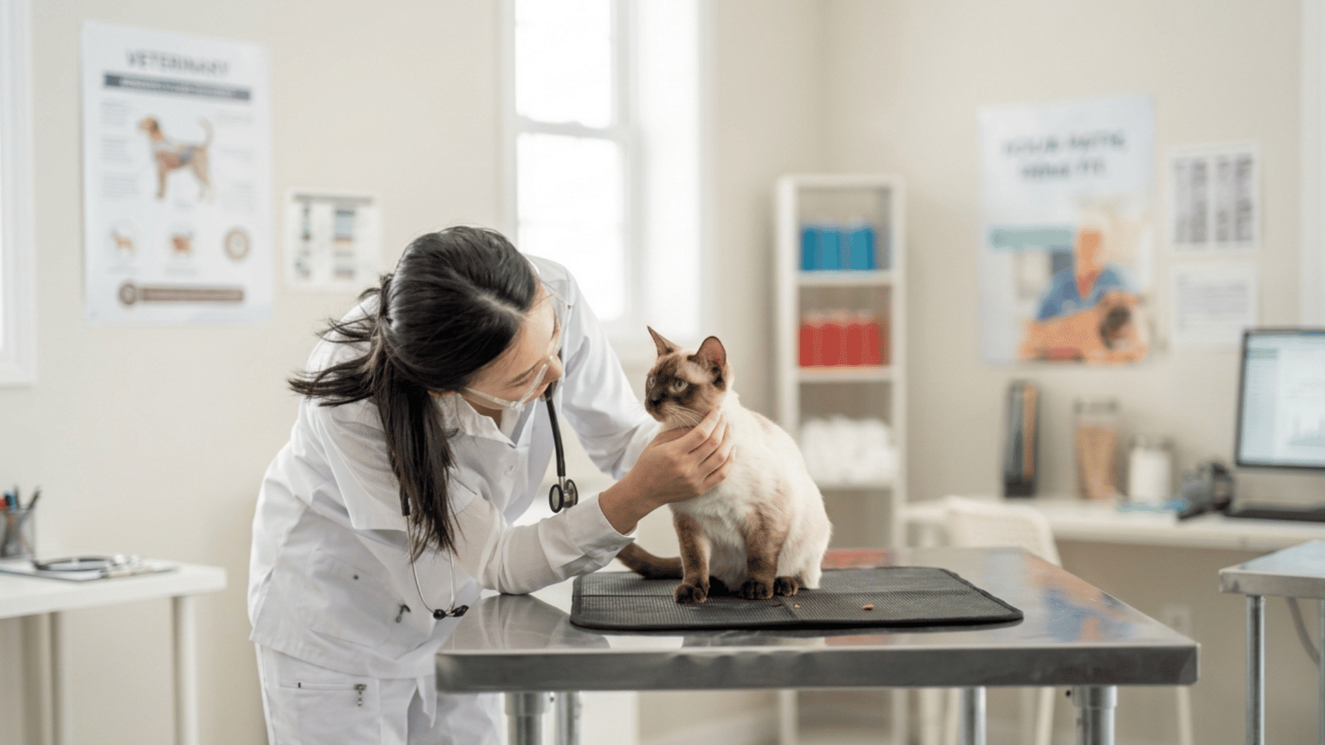 veterinarian gently examining a siamese cat on an exam table in a clinic