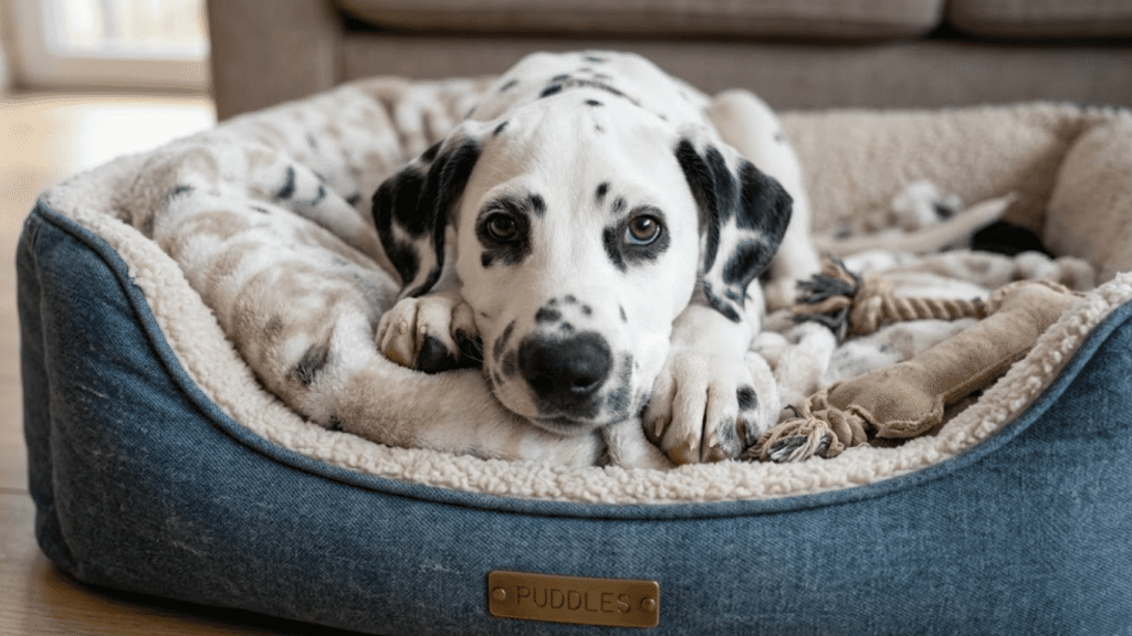 white and black spotted puppy resting in a soft pet bed looking at the camera with chew toys beside it