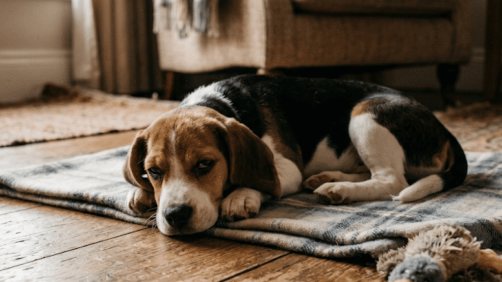 a beagle lying on a soft blanket on a wooden floor beside a toy and water bowl in a warm cosy living room