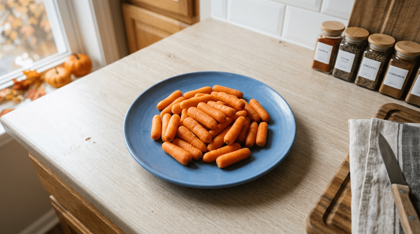 a blue plate filled with baby carrots on a kitchen counter beside spices and a cutting board in a bright cozy kitchen