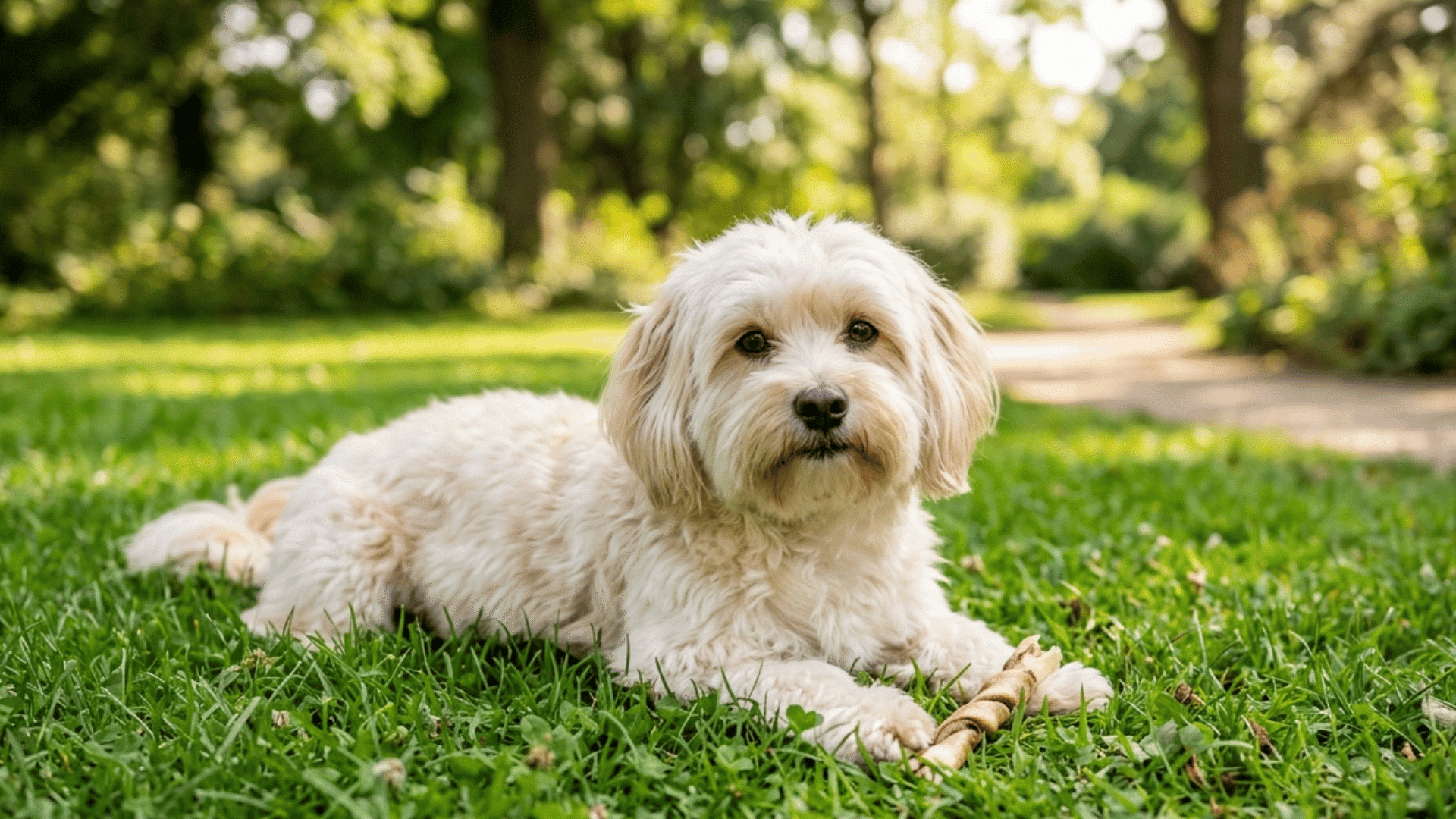 a fluffy cream colored dog lying on green grass holding a chew stick while looking at the camera in a sunny park setting