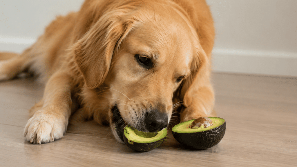 a golden retriever chewing a halved avocado while lying on a wooden floor with the other avocado half and pit beside it