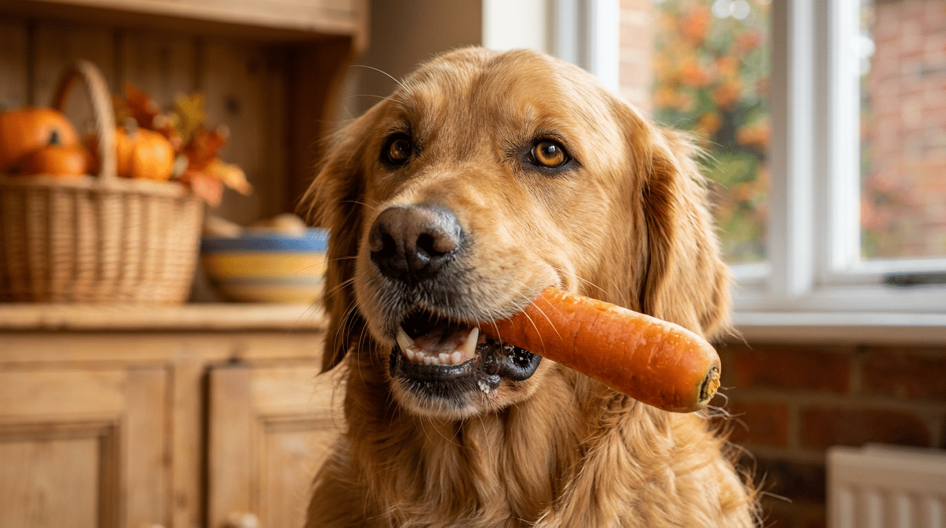 a golden retriever holding a large carrot in its mouth while sitting in a cozy kitchen beside a bright window with autumn decor