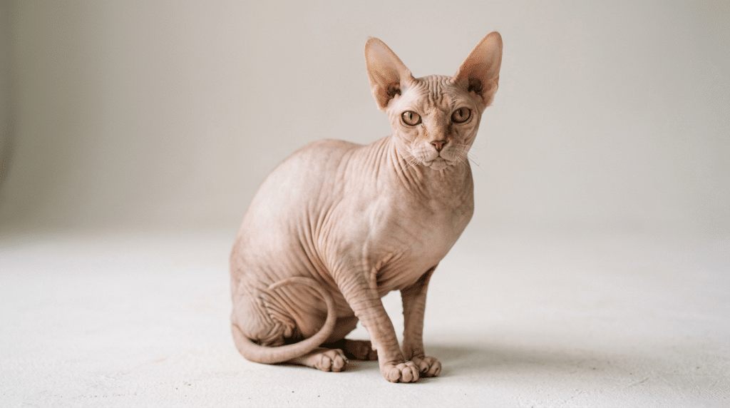 a hairless cat with large ears and green eyes sitting on a light surface while looking directly toward the camera