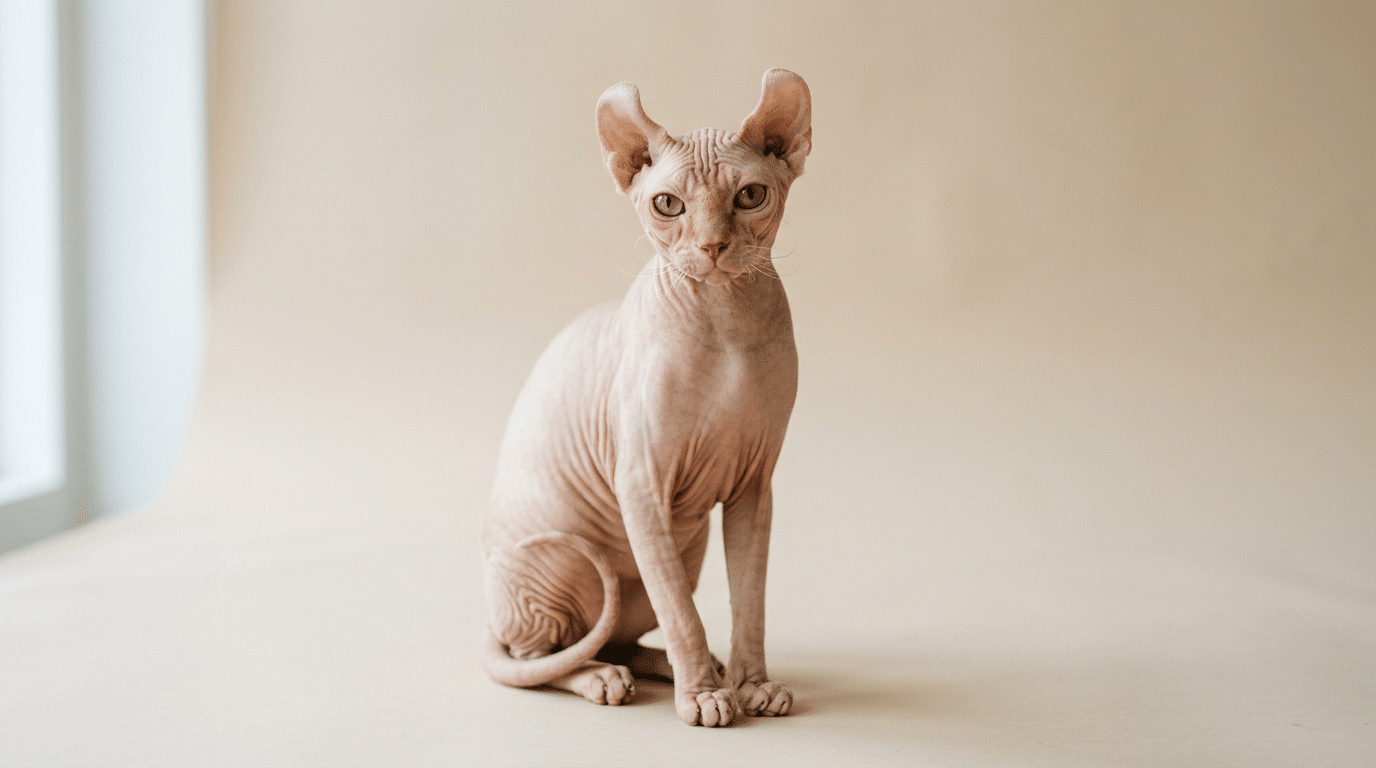 a hairless elf cat with curled ears sitting on a light surface while looking directly toward the camera
