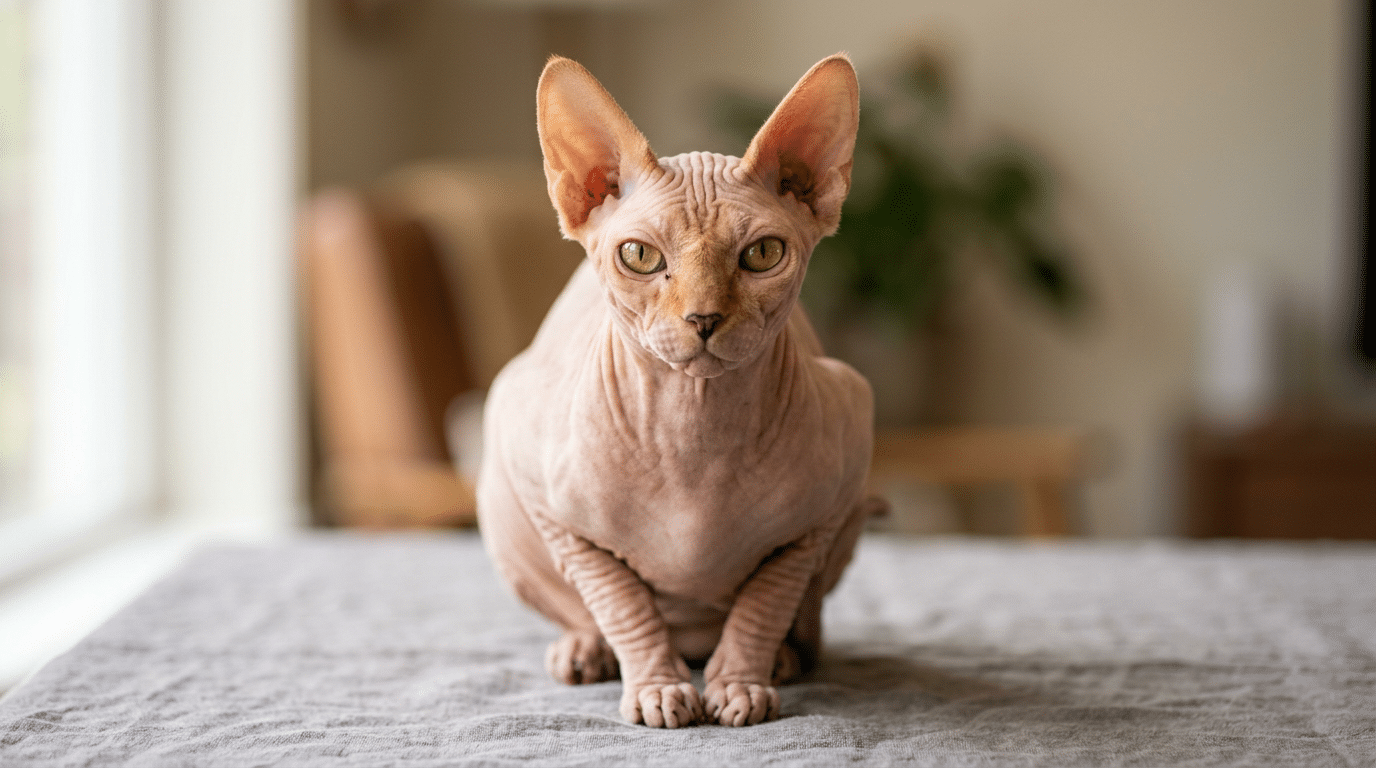 a hairless sphynx cat with large ears and green eyes sitting on a gray bed in a softly lit room