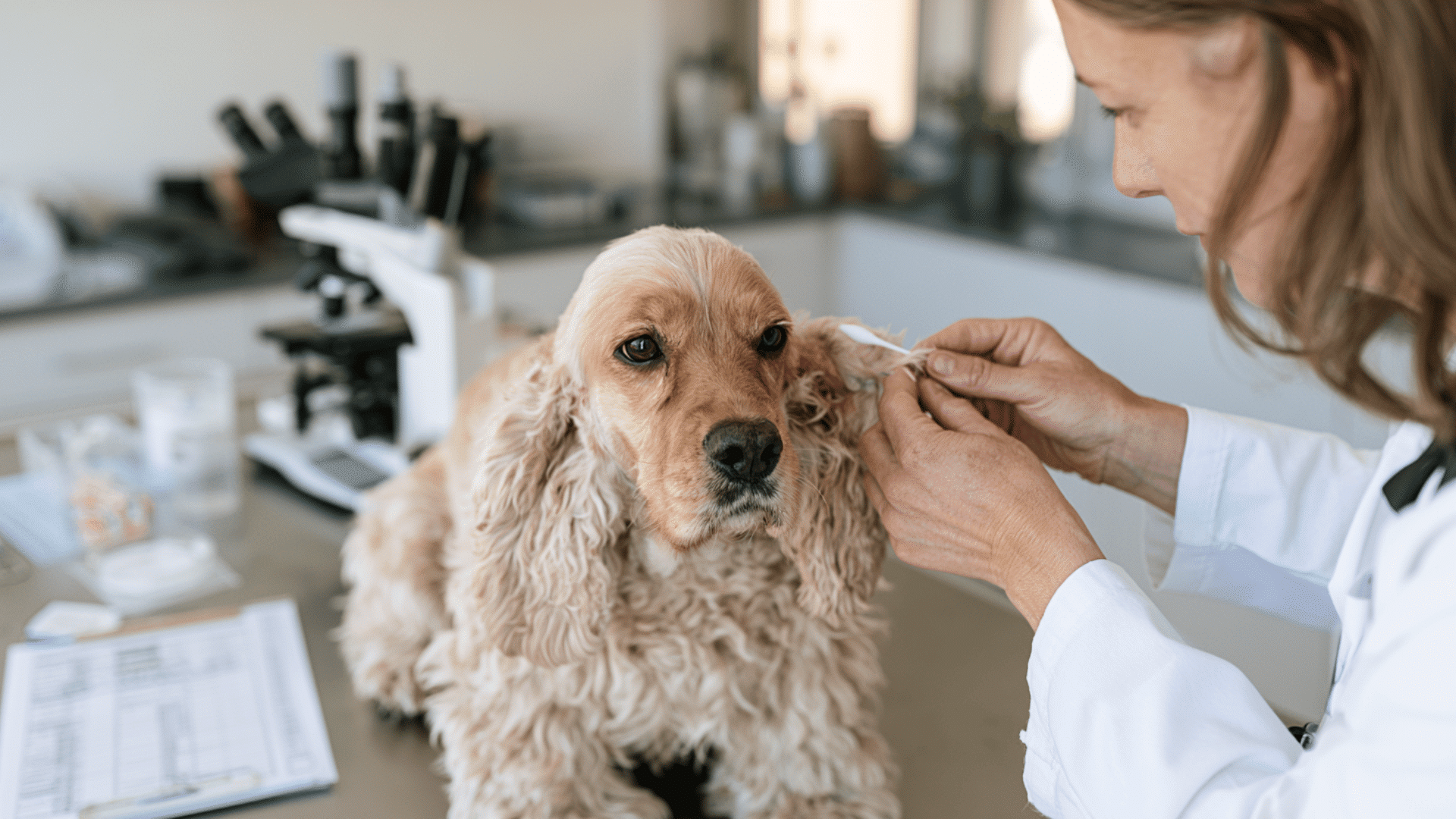 veterinarian collecting a skin sample from a cocker spaniel to diagnose a possible yeast infection