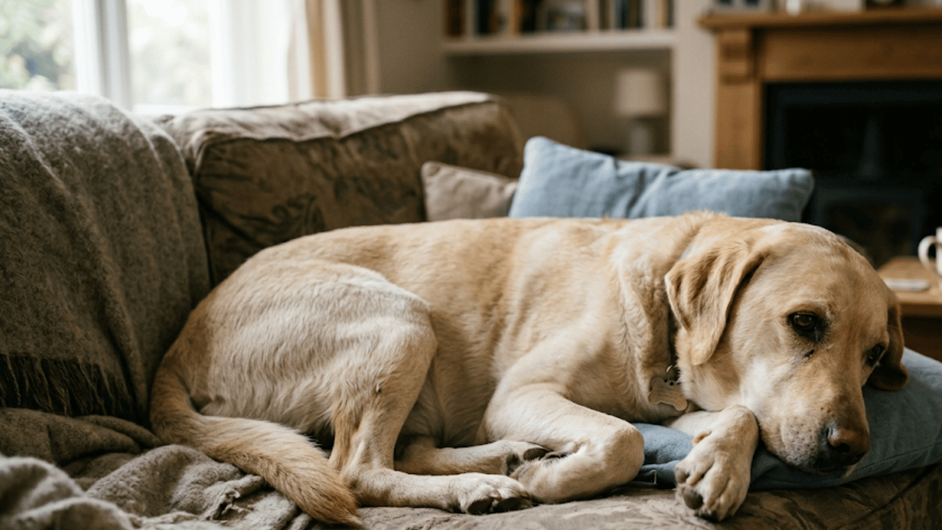 a yellow labrador resting on a sofa with its head on a cushion in a comfortable living room near a fireplace