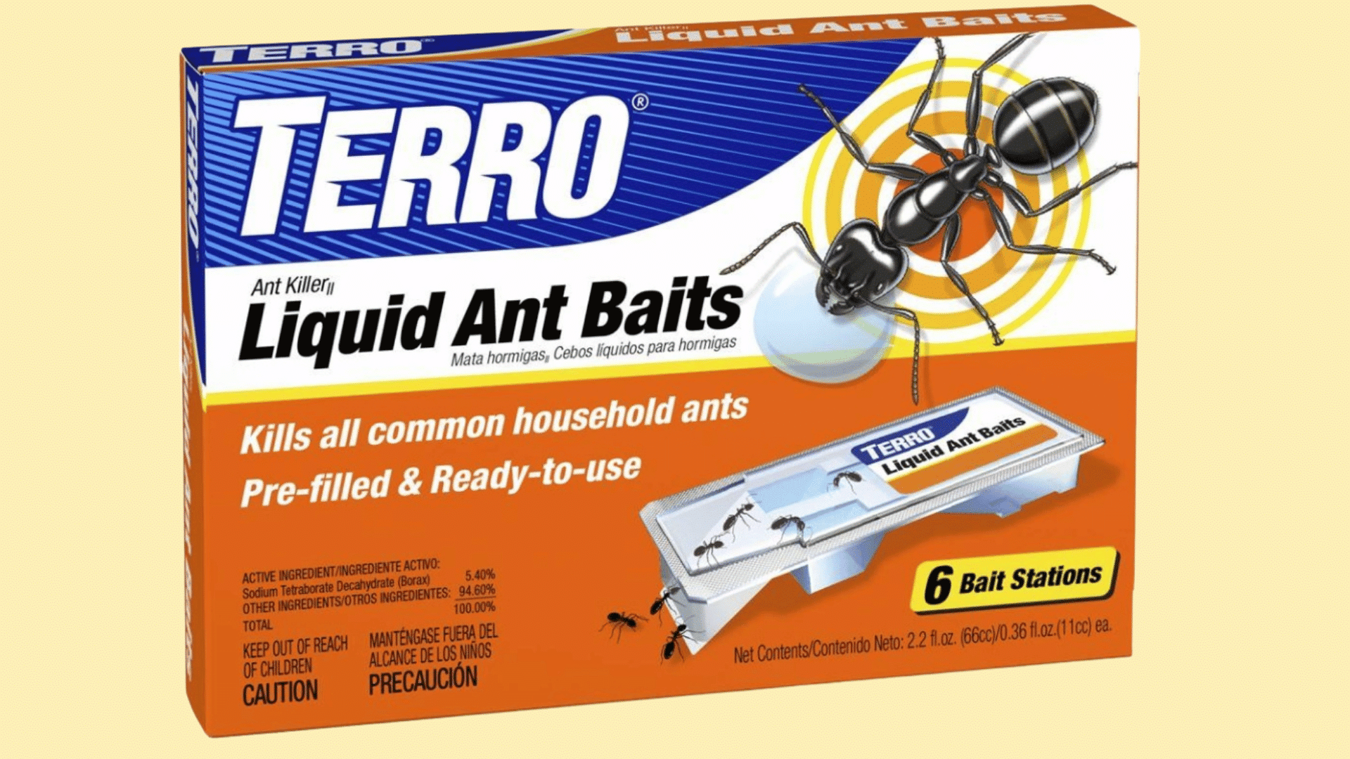 a box of Terro Liquid Ant Baits containing pre-filled stations