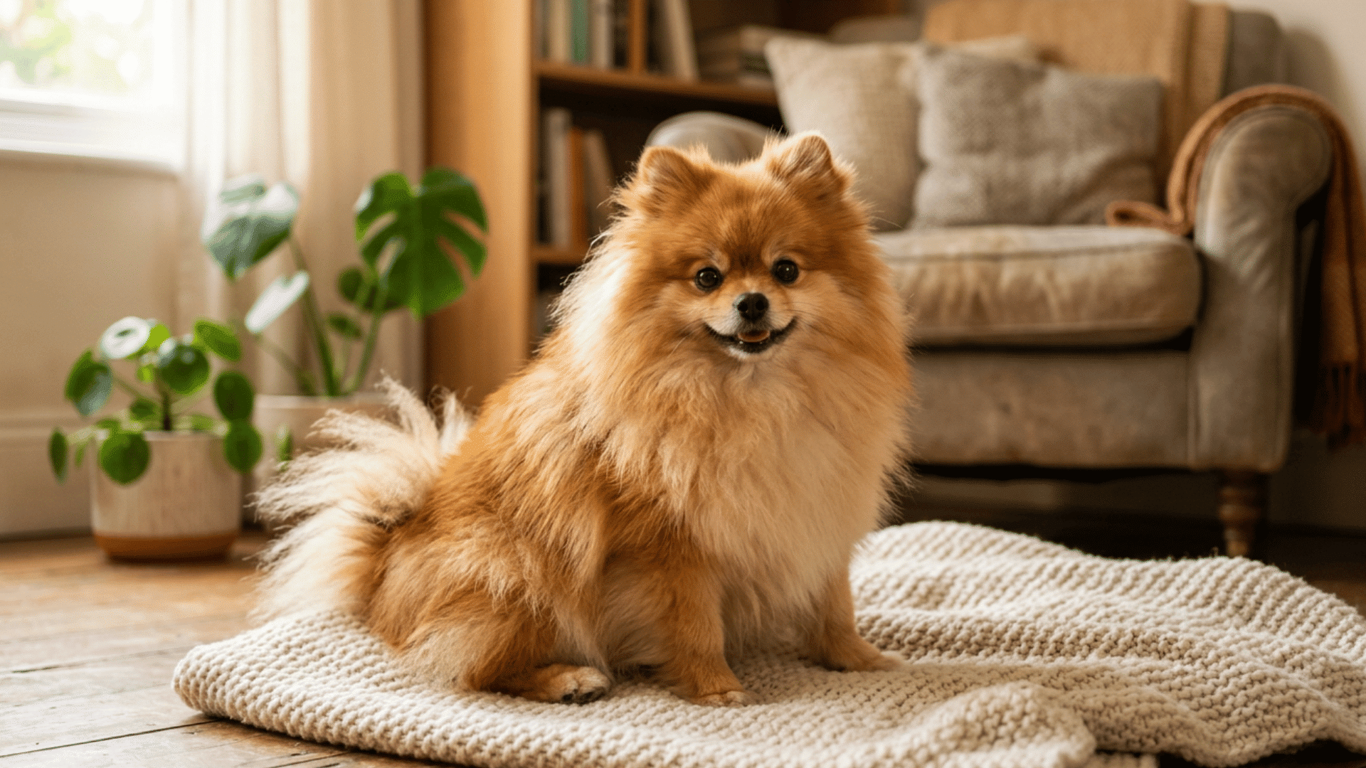 a fluffy Pomeranian dog sitting on a cozy knitted blanket in a bright living room.