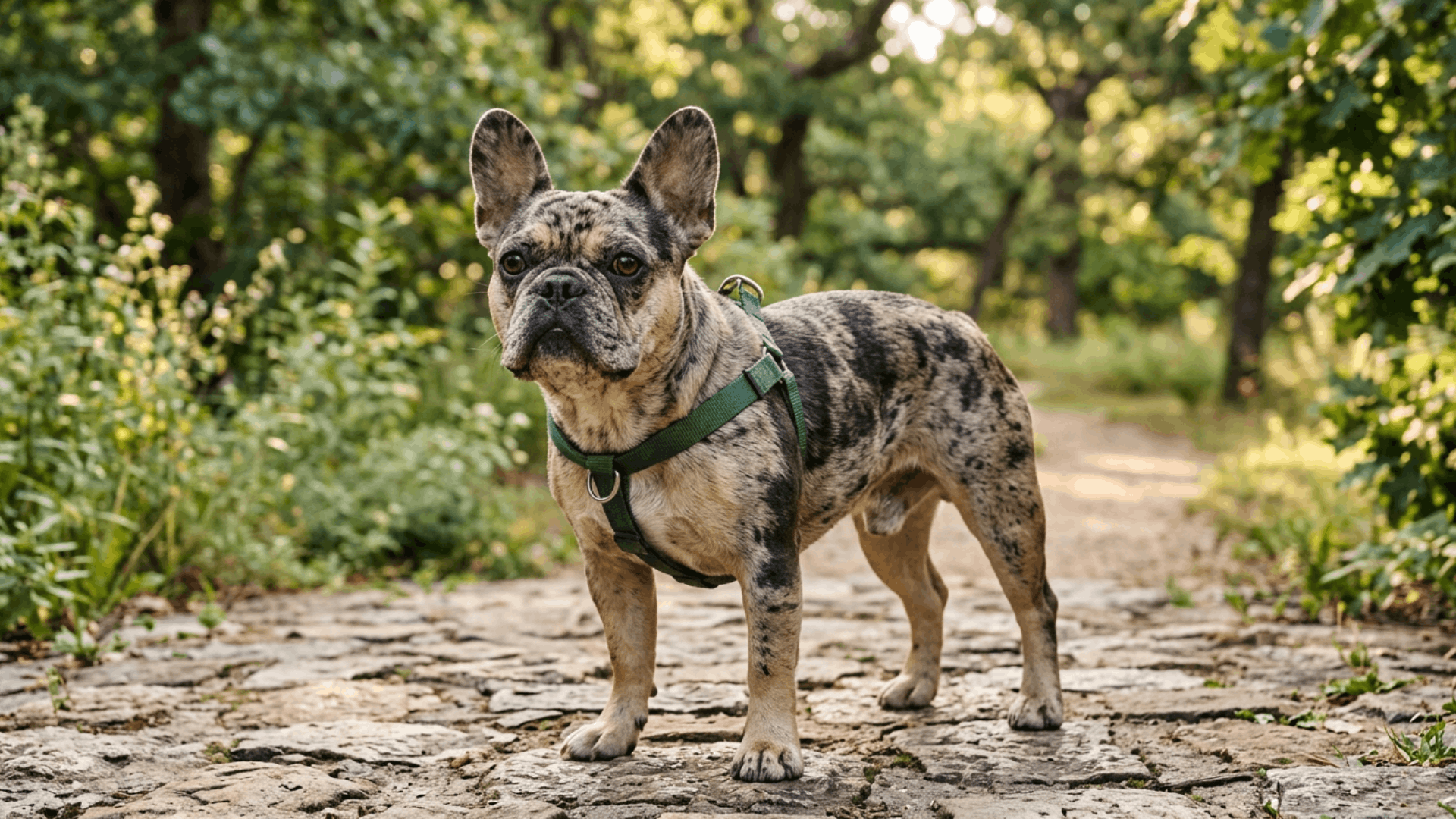 A merle French Bulldog in a green harness standing on a forest path