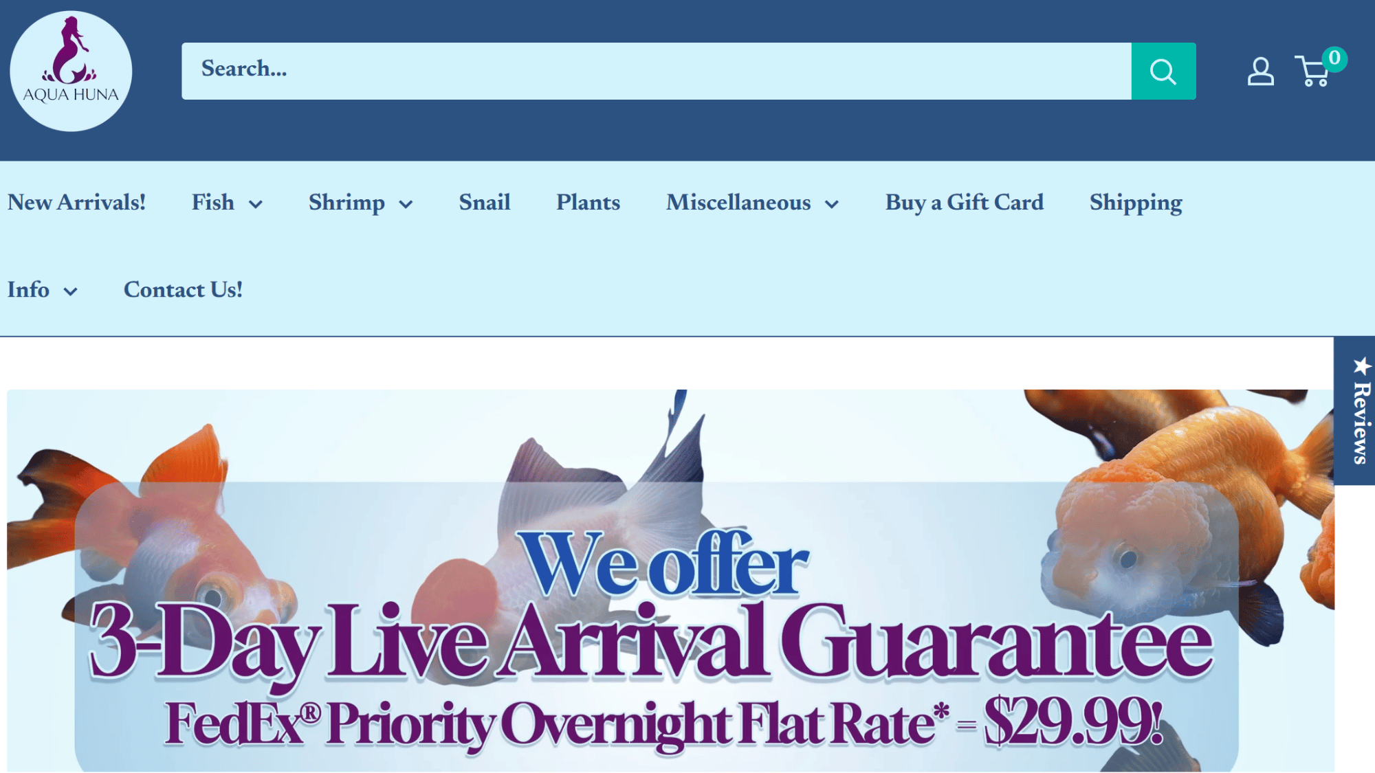 aquahuna website homepage screenshot showing aquarium fish products and aquatic supplies for hobbyists (2)