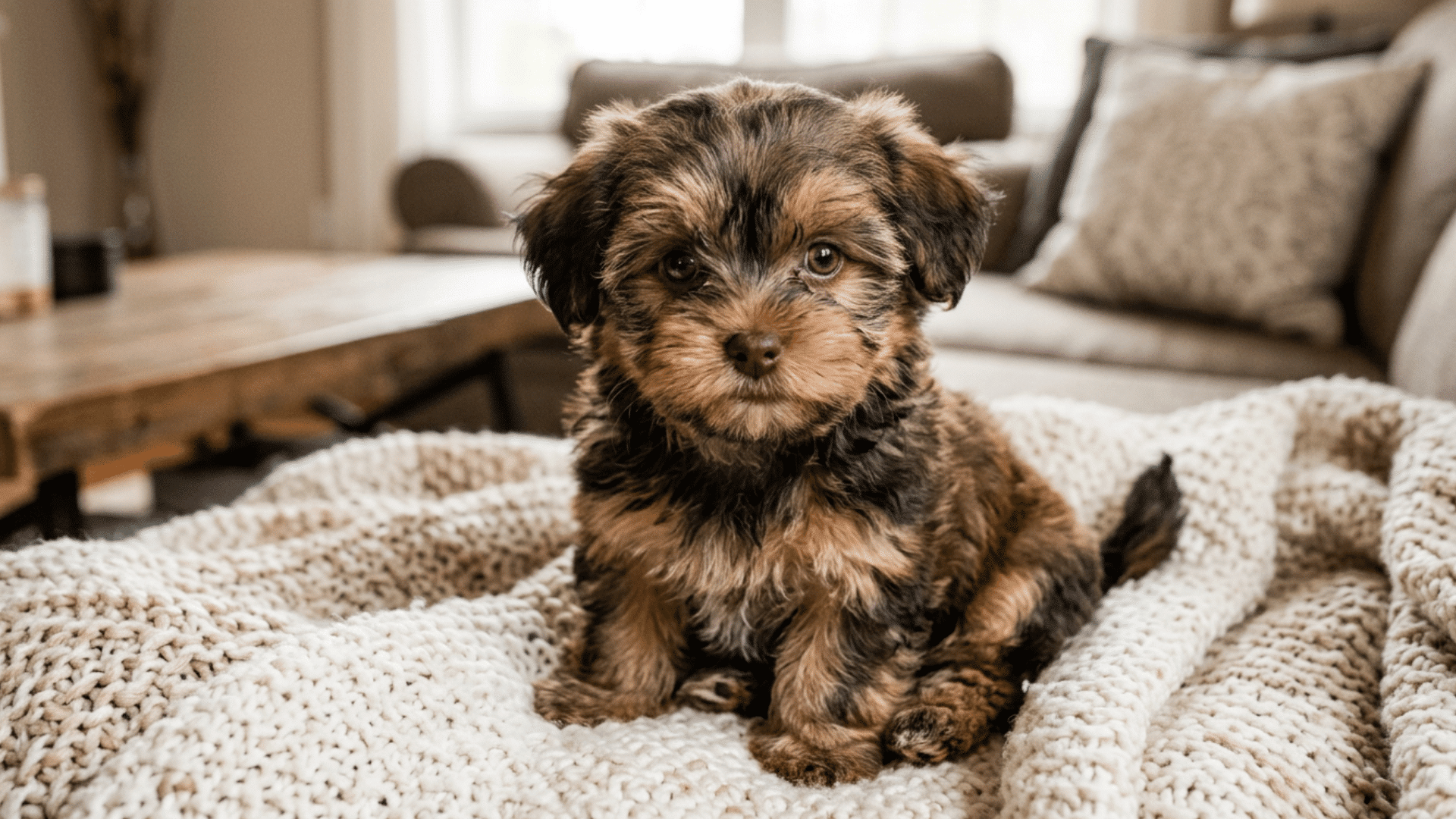 a tiny brown and black Yorkshire Terrier puppy sitting on a soft, knitted blanket