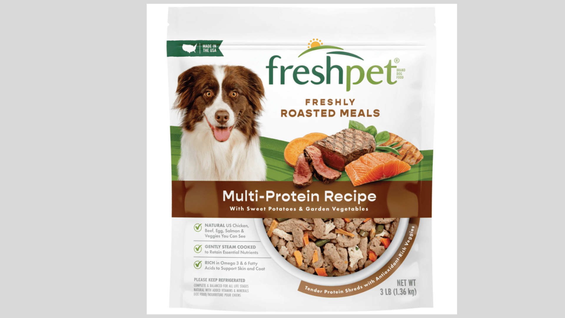 bag of freshpet multi protein recipe dog food with roasted meats vegetables and a border collie pictured on the packaging