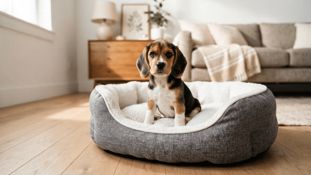 beagle puppy sitting in a soft pet bed indoors with a toy beside it in a bright living room setting (1)