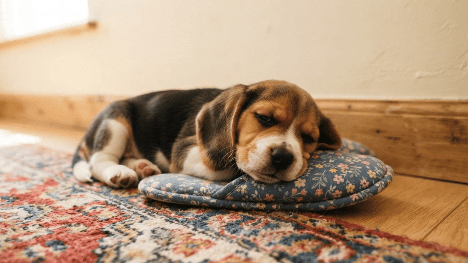 beagle puppy sleeping on a floral pillow beside a patterned rug in a cozy indoor room setting