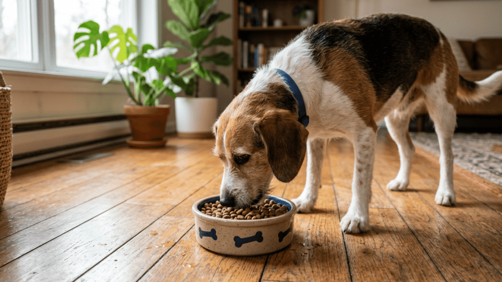 beagle wearing a blue collar eating dry food from a ceramic bowl on a wooden floor inside a bright cozy living room