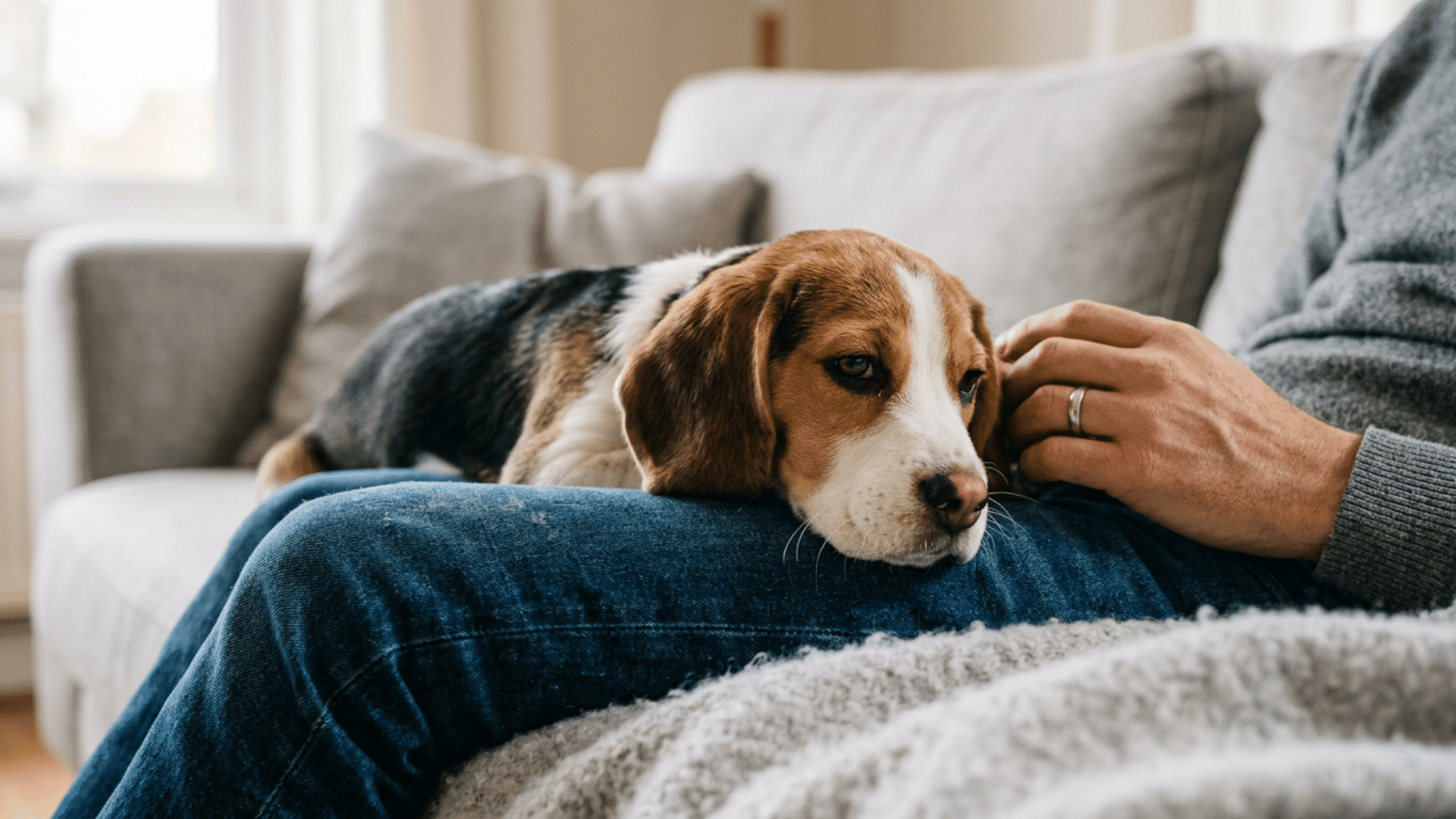 beagle puppy resting on owners lap with a comforting hand touching its head indoors