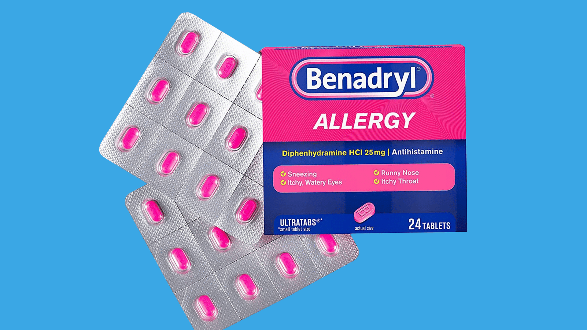 benadryl allergy tablet box displayed with pink blister packs of antihistamine tablets on a blue background
