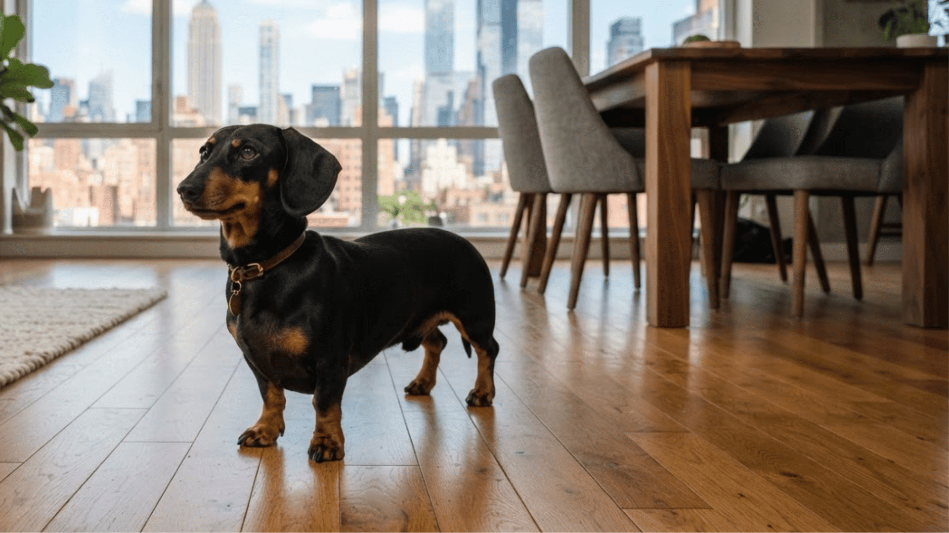 black and brown dachshund standing on a wooden floor in a modern apartment with city buildings visible outside the window