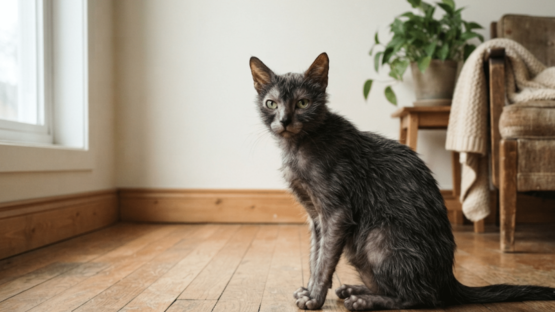 black hairless cat sitting on wooden floor in cozy room with chair blanket and natural window lighting