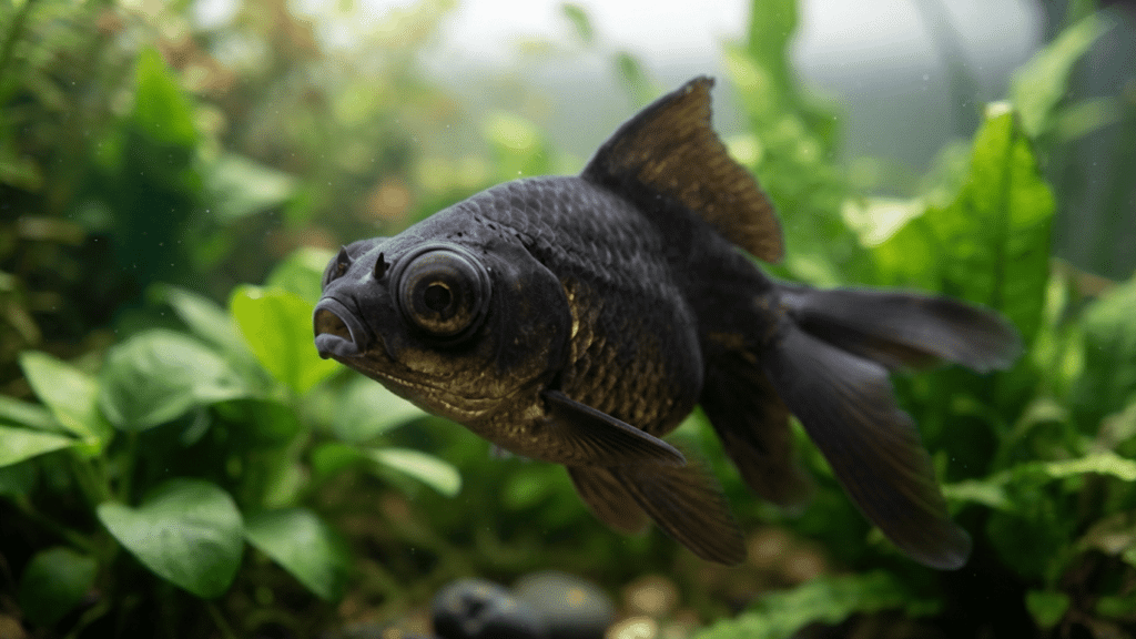 black moor goldfish swimming in a planted aquarium with lush green aquatic plants and dark scales