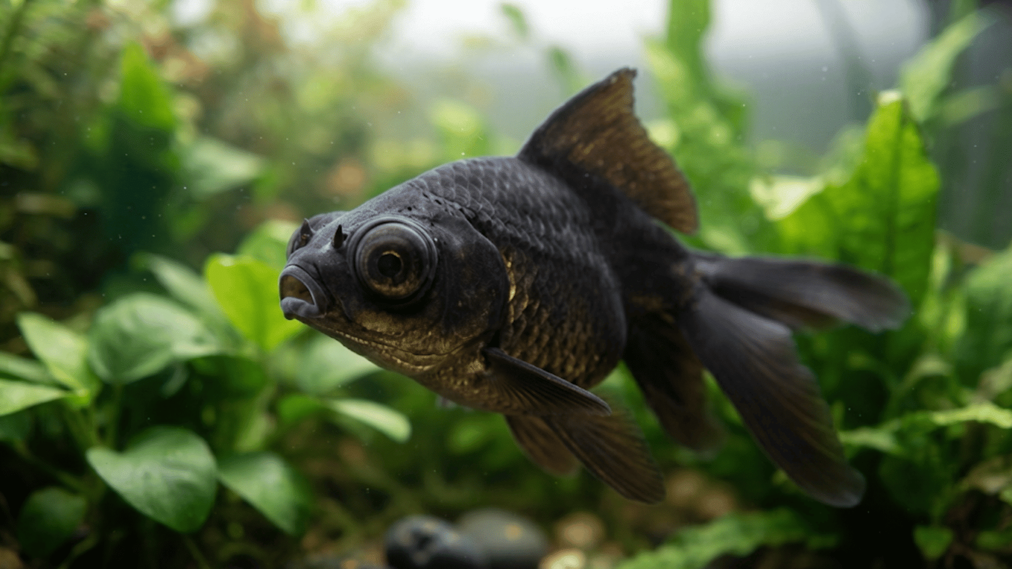 black moor goldfish swimming in a planted aquarium with lush green aquatic plants and dark scales