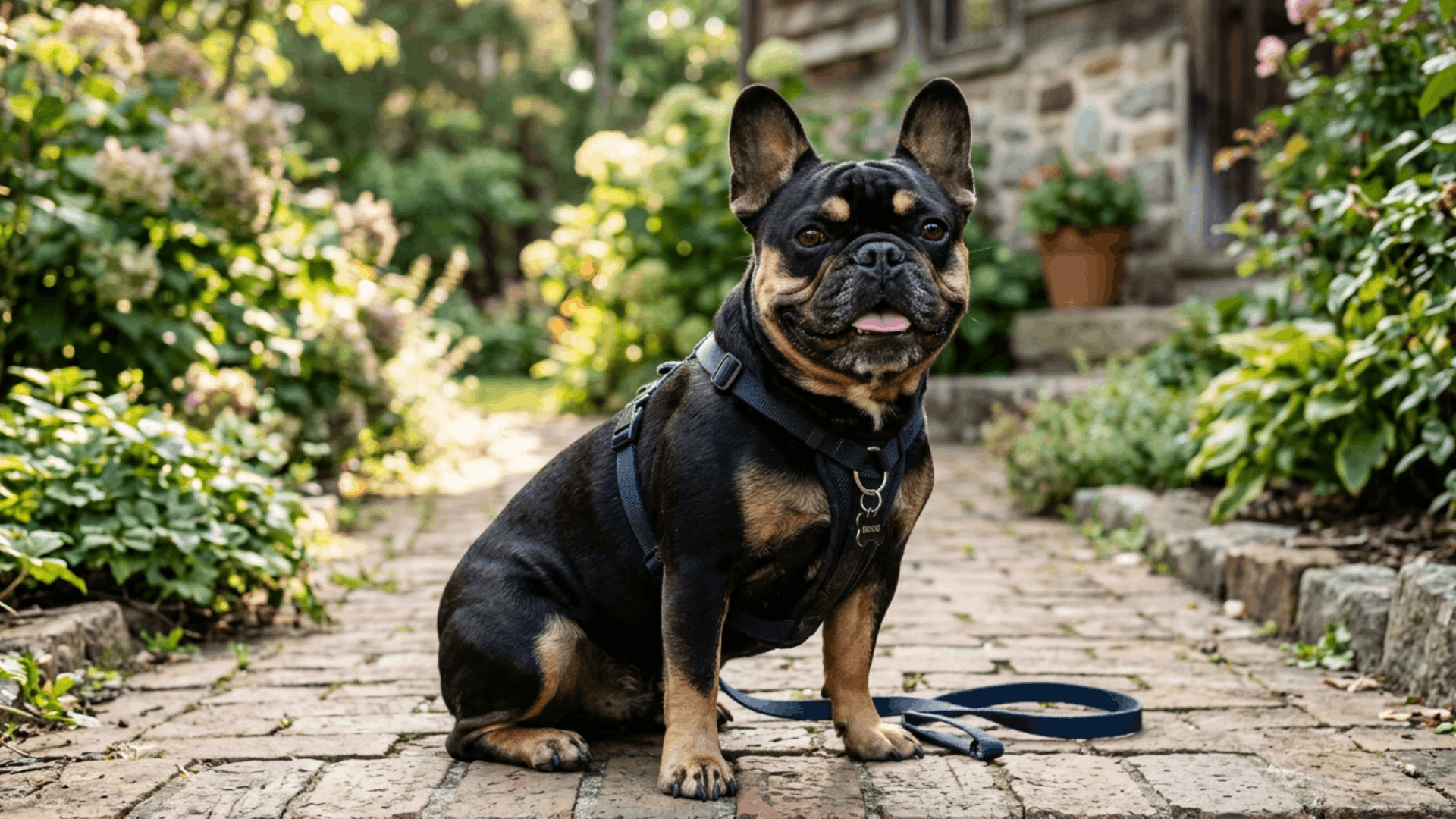 Black and tan French Bulldog in a harness sitting on a garden path