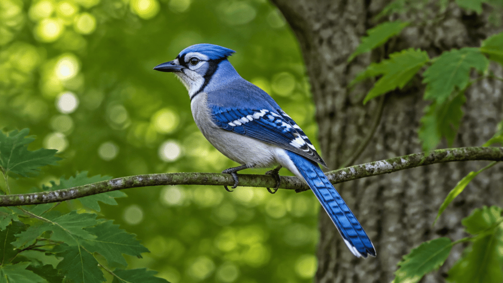 blue jay with blue and white feathers perched on a tree branch surrounded by green leaves and soft forest background