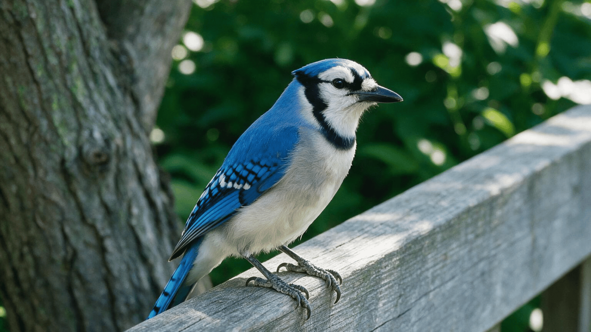 blue jay with blue and white feathers perched on a wooden railing in a green outdoor setting (1)