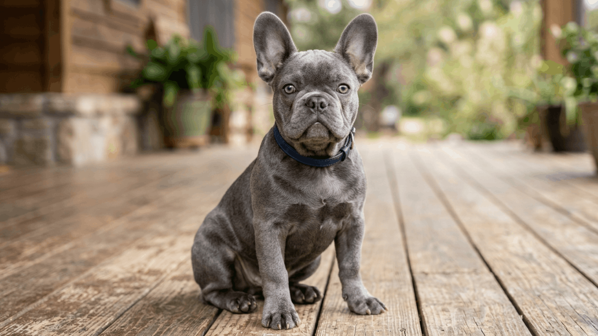 blue French Bulldog sitting on a wooden deck outdoors with a blurred garden background