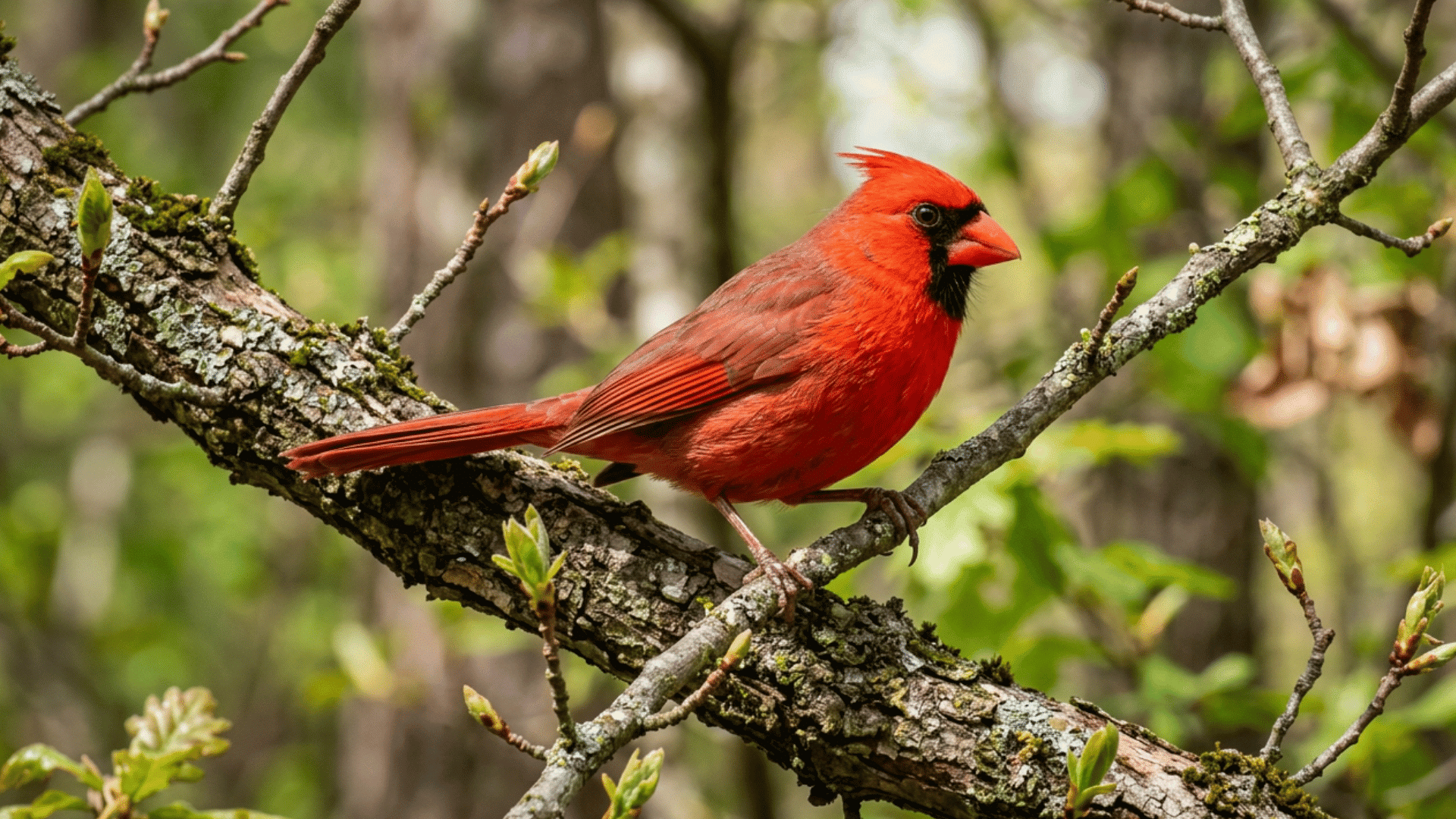 bright red cardinal perched on a mossy tree branch with fresh spring buds surrounded by a softly blurred woodland background