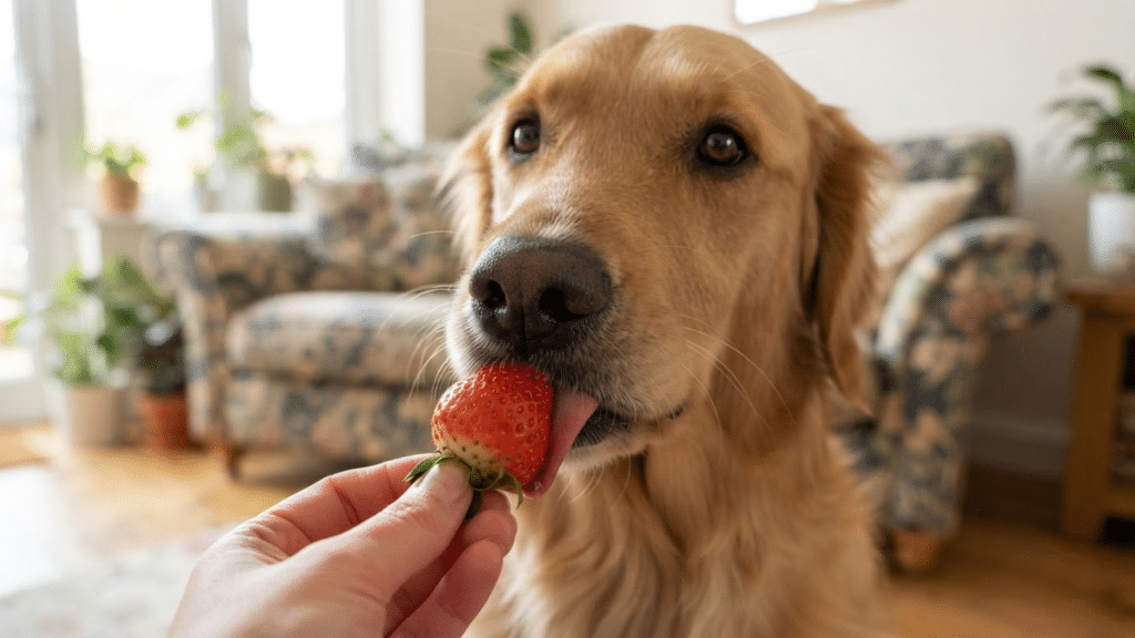 Brown and white puppy sniffing a bowl of fresh strawberries beside a wicker picnic basket in warm sunlight (1)