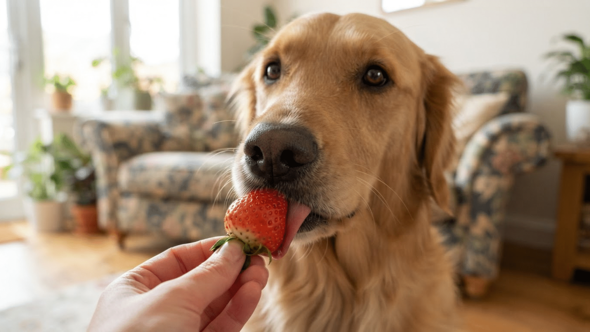 Brown and white puppy sniffing a bowl of fresh strawberries beside a wicker picnic basket in warm sunlight (1)