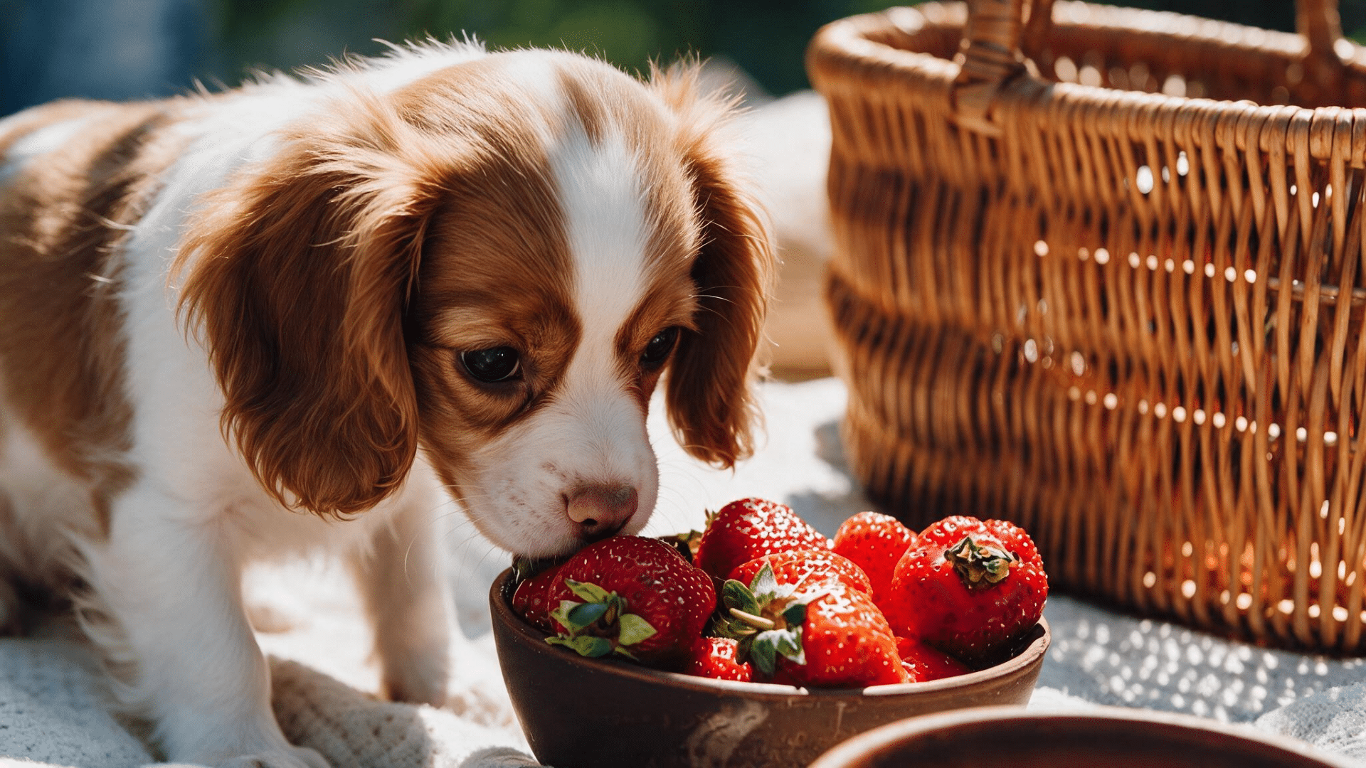 Brown and white puppy sniffing a bowl of fresh strawberries beside a wicker picnic basket in warm sunlight