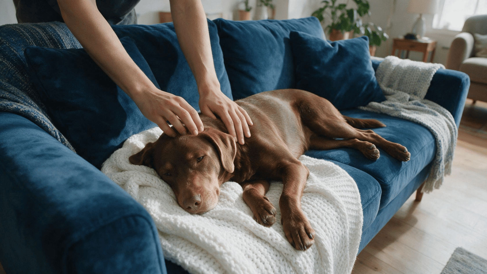 brown dog resting on a blue sofa while its owner gently checks its head and neck.