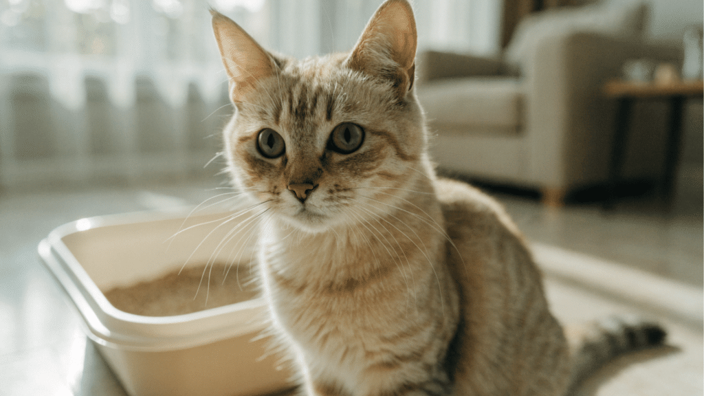cat sitting beside a litter box in a bright home while looking alertly toward the camera