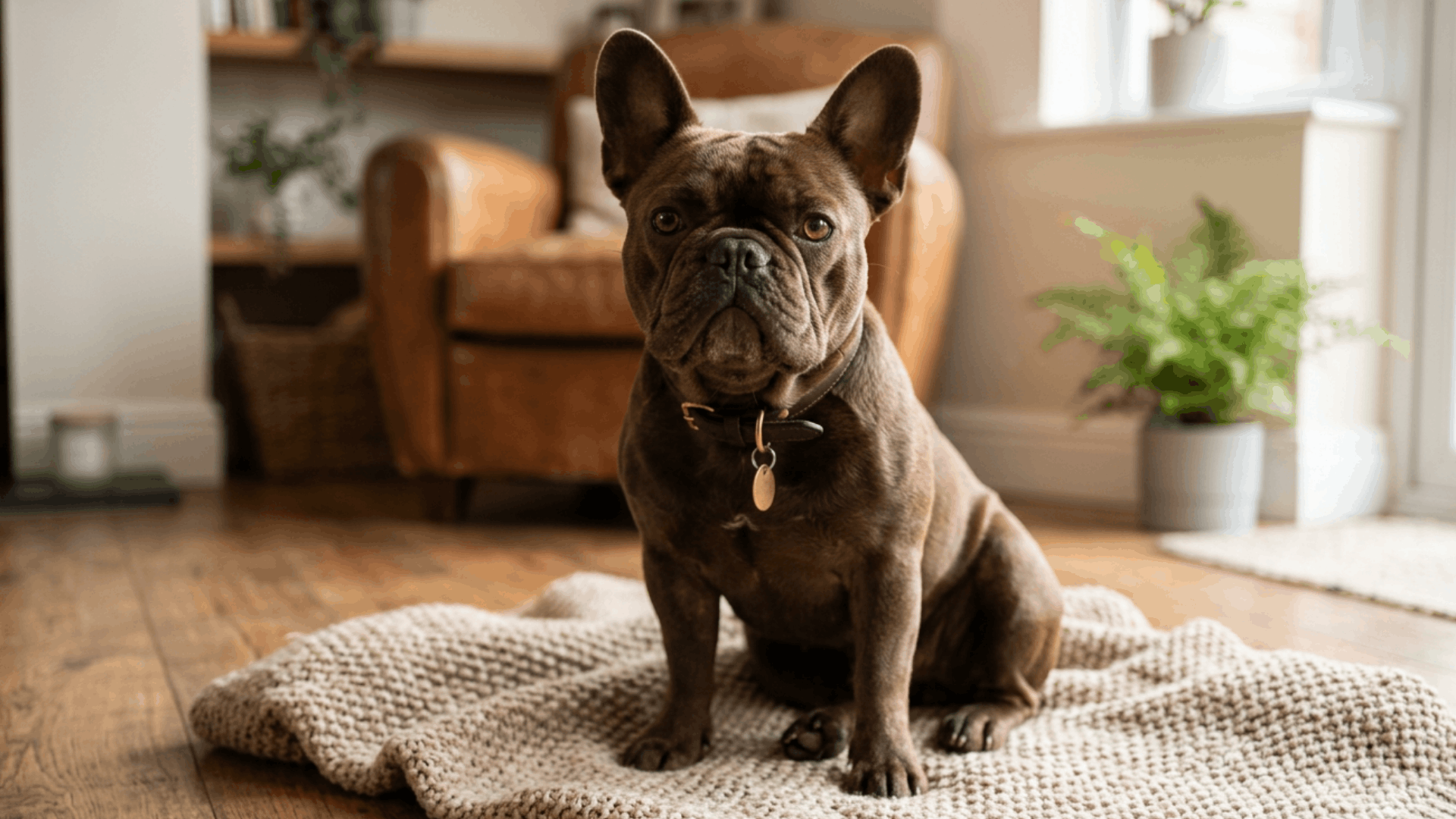 chocolate French Bulldog with a tag collar sitting on a knit rug in a living room